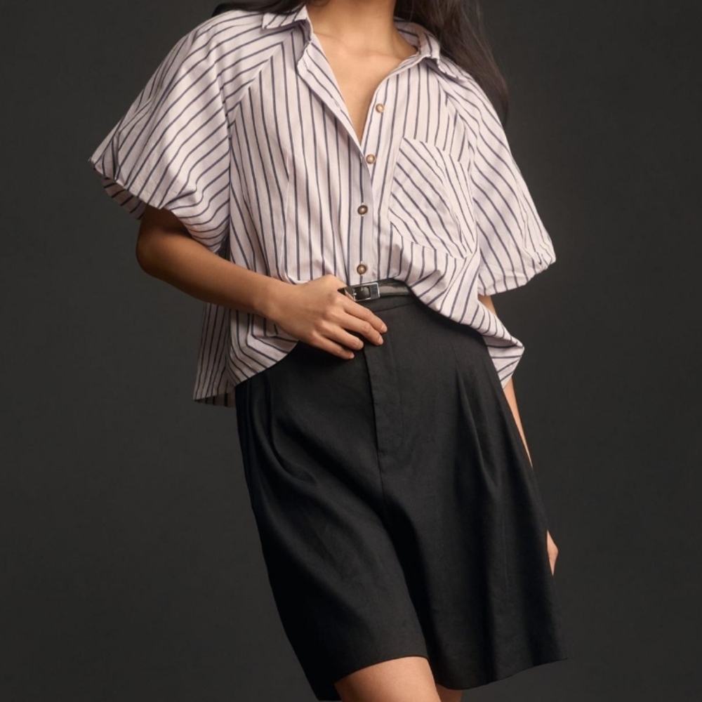 Maeve by Anthropologie lavender & white striped top with bubble sleeve size L
